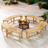 Curved solid wood fire pit benches arranged in a circle, ideal for outdoor gatherings and seating up to 3 people.
