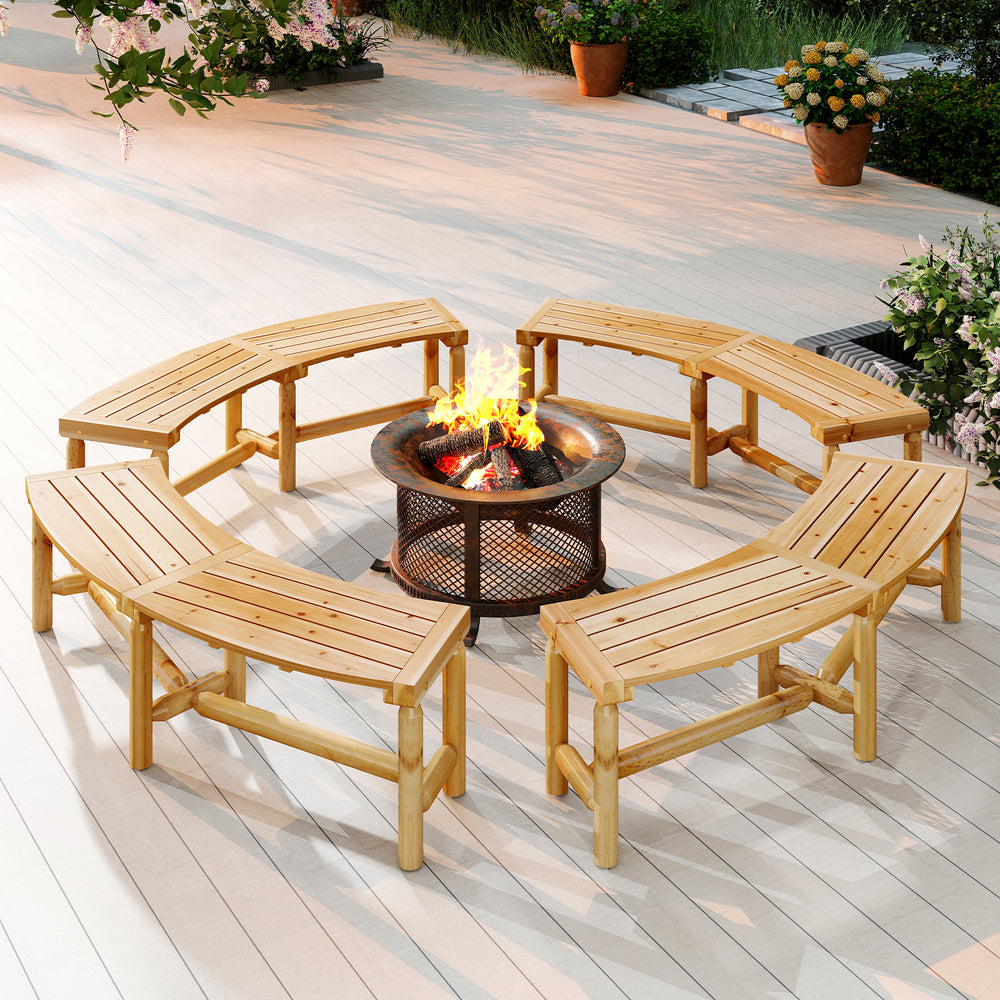 Curved solid wood fire pit benches arranged in a circle, ideal for outdoor gatherings and seating up to 3 people.
