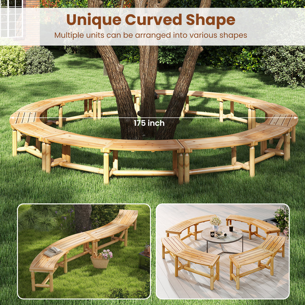 Curved solid wood patio bench for outdoor use, seats 2-3, ideal for backyard or garden arrangements.