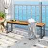 Backless patio dining bench with slatted acacia wood seat and sturdy metal legs, ideal for outdoor relaxation.