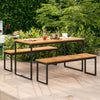 Backless patio dining bench with slatted acacia wood seat and sturdy metal legs, ideal for indoor and outdoor use.