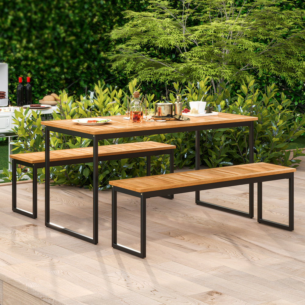 Backless patio dining bench with slatted acacia wood seat and sturdy metal legs, ideal for indoor and outdoor use.