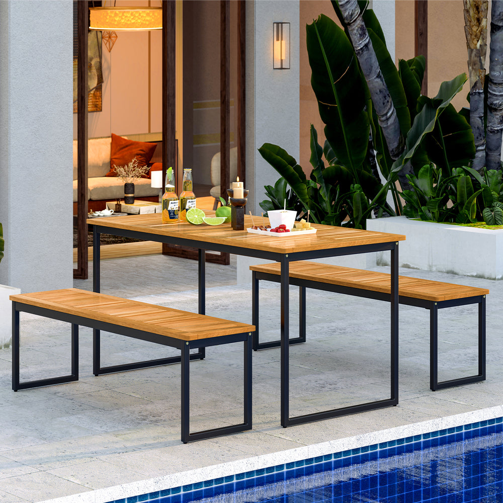 Backless patio dining bench with slatted acacia wood seat and sturdy metal legs, ideal for outdoor and indoor use.