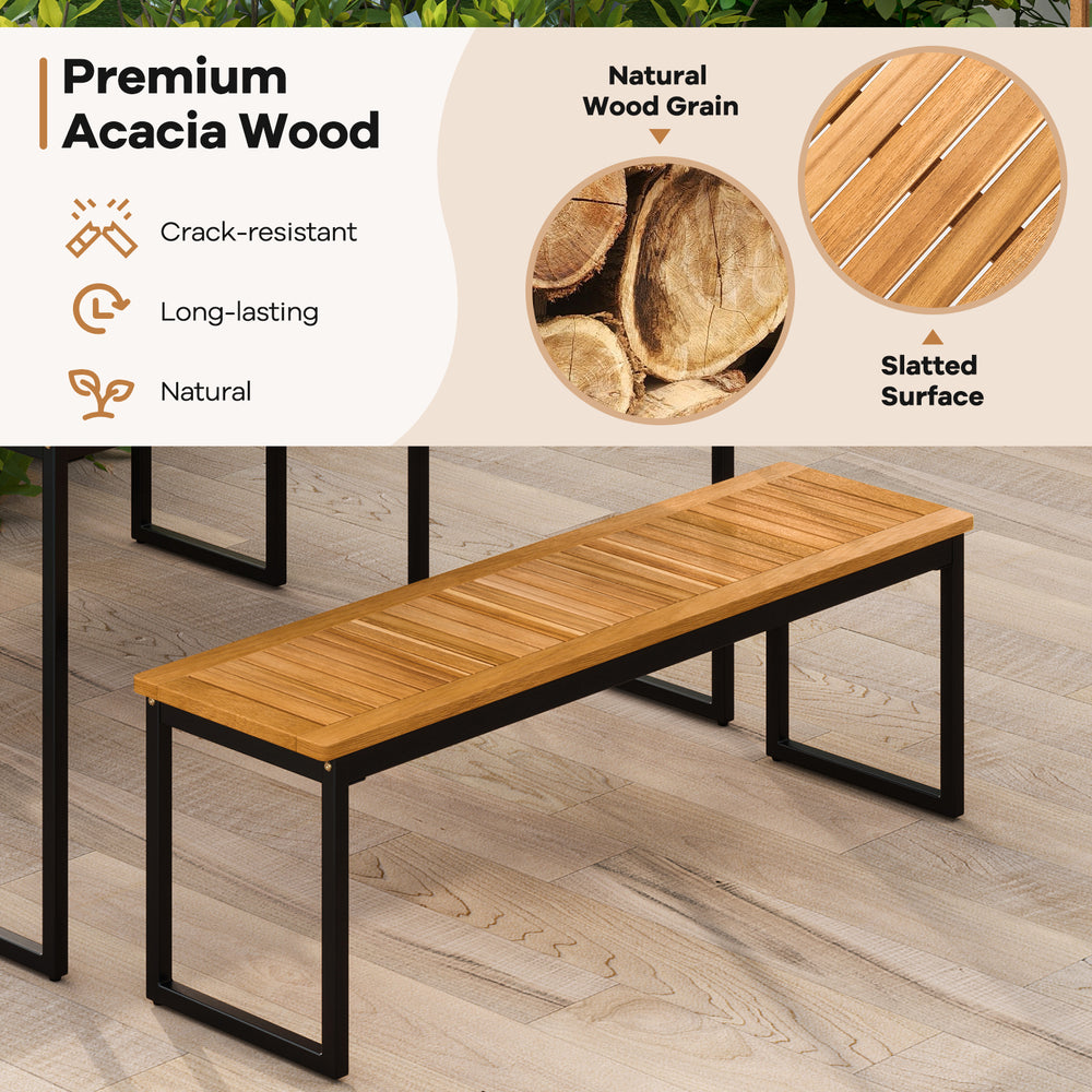 Close-up of the premium acacia wood surface showcasing its natural wood grain and slatted design, perfect for patio.