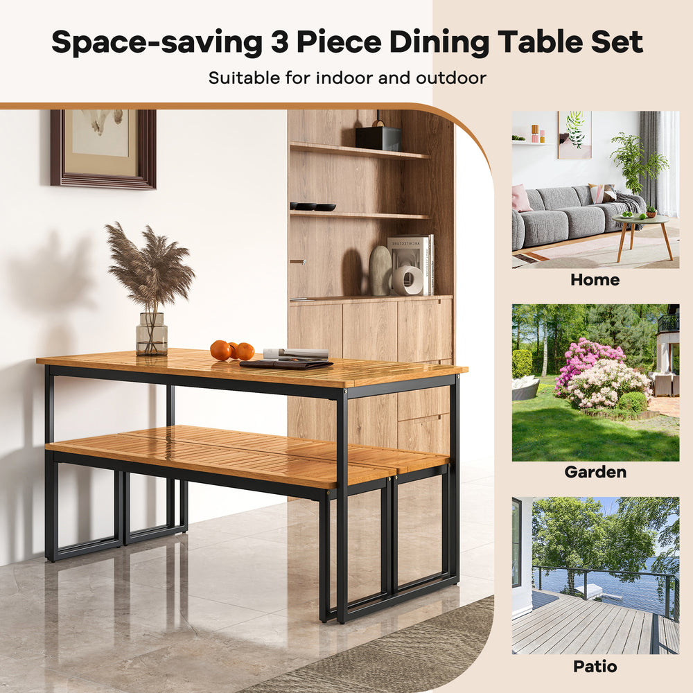 Backless patio dining bench with slatted acacia wood seat and sturdy metal legs, perfect for indoor and outdoor use.