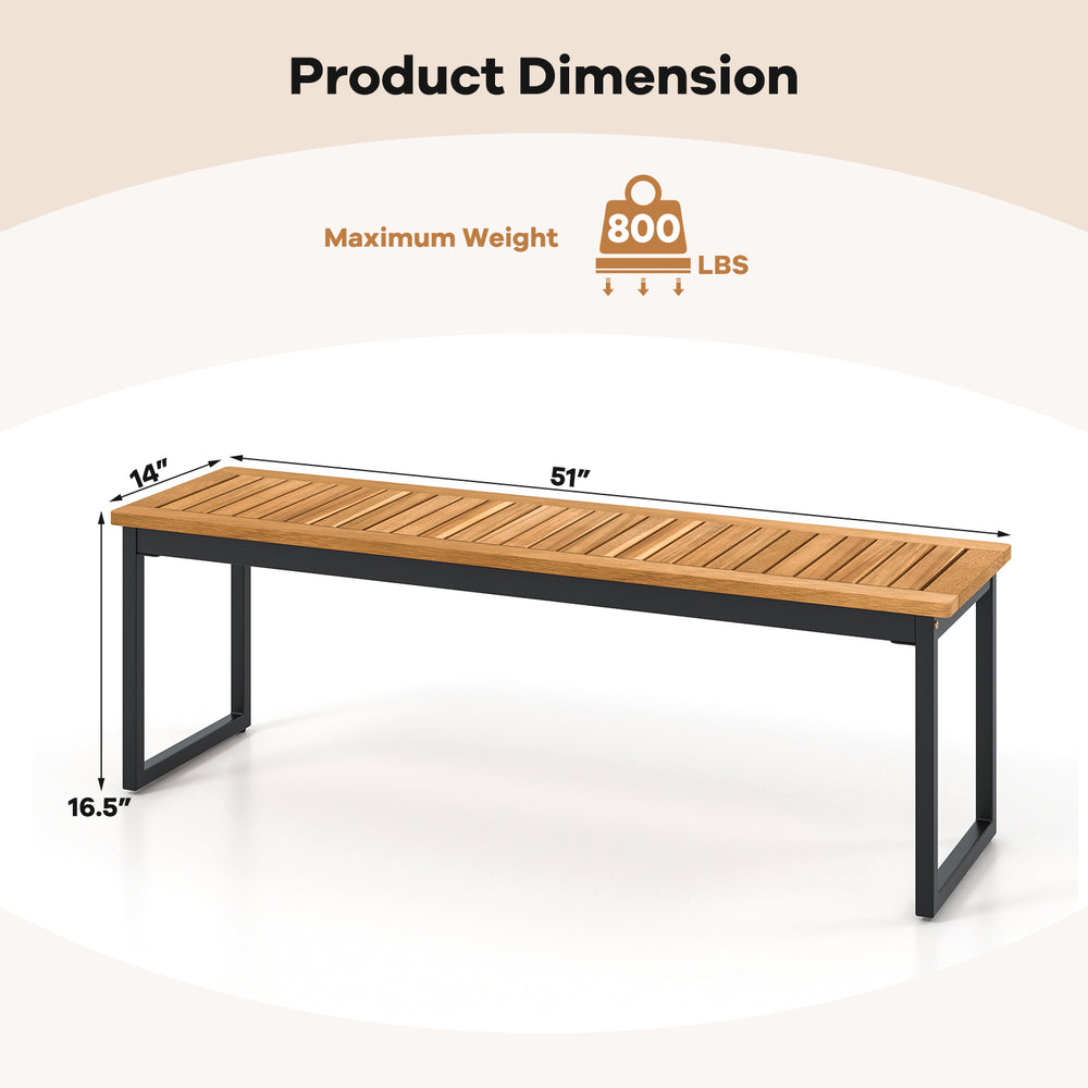 Detailed product dimension chart for the patio dining bench, showcasing slatted acacia wood seat and sturdy metal legs.