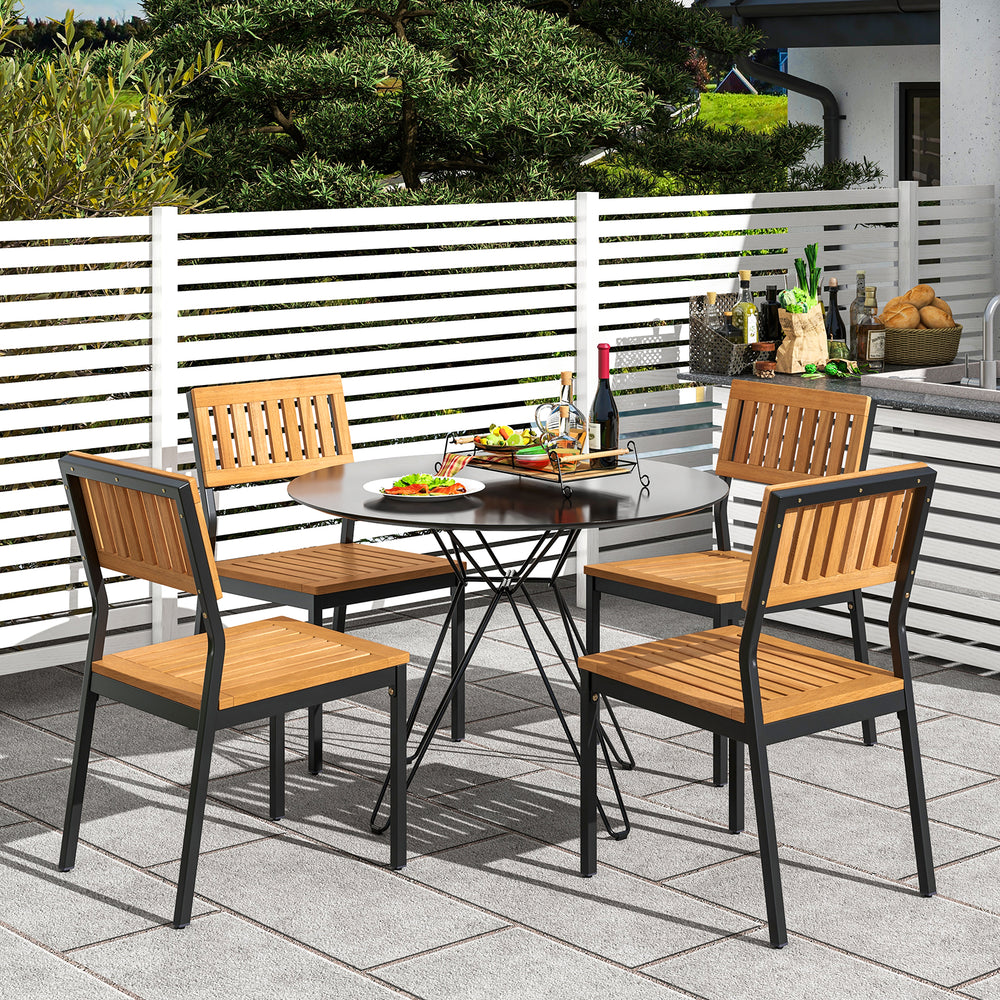 Patio dining chair set featuring acacia wood and metal frame, ideal for outdoor dining and relaxation.