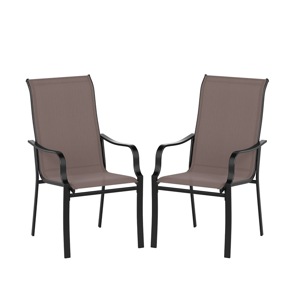 Set of 2 patio dining chairs with wide seats, heavy-duty metal frame, and breathable mesh fabric for outdoor comfort.