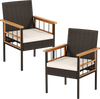 Patio dining chair with natural acacia wood armrests and soft white cushion, offering ergonomic support for outdoor.