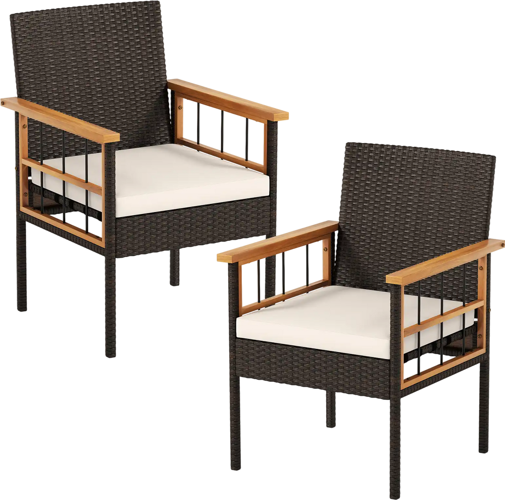 Patio dining chair with natural acacia wood armrests and soft white cushion, offering ergonomic support for outdoor.
