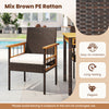 Patio dining chair with soft white cushion, mix brown PE rattan and acacia wood frame, perfect for outdoor relaxation.