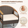 Removable padded cushion with zippered cover for easy cleaning on a patio dining chair set made of durable PE rattan.