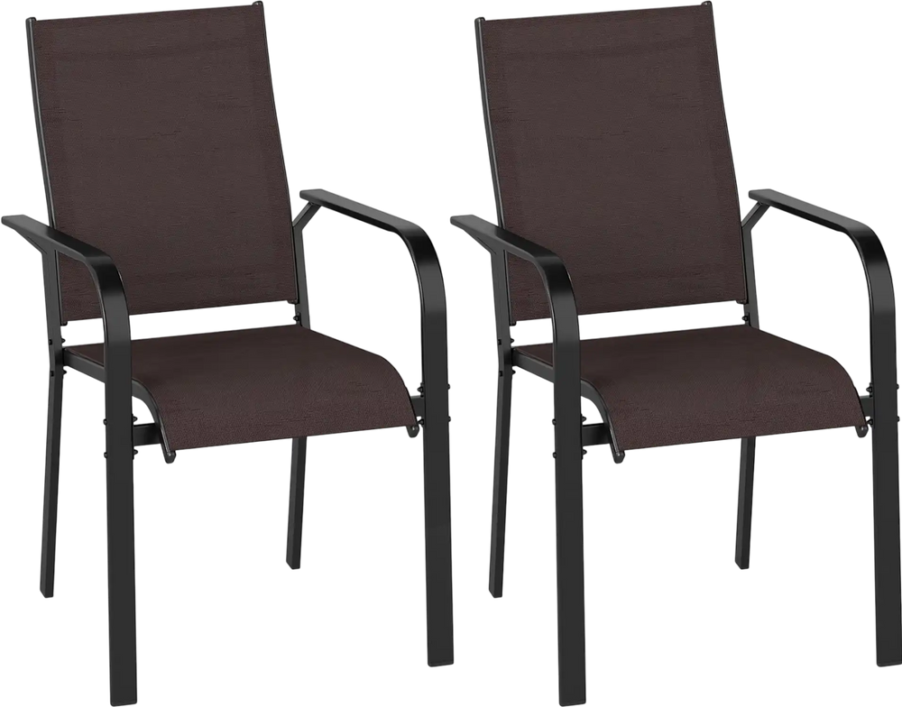 Set of 2 stackable patio dining chairs with breathable mesh fabric and supportive armrests for outdoor comfort.