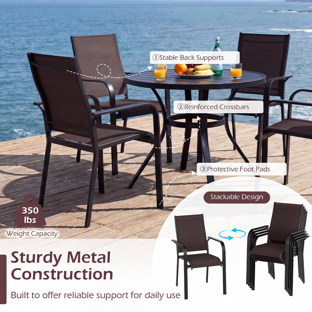 Stackable outdoor armchairs with breathable mesh fabric and sturdy metal frame, ideal for patios and gardens.