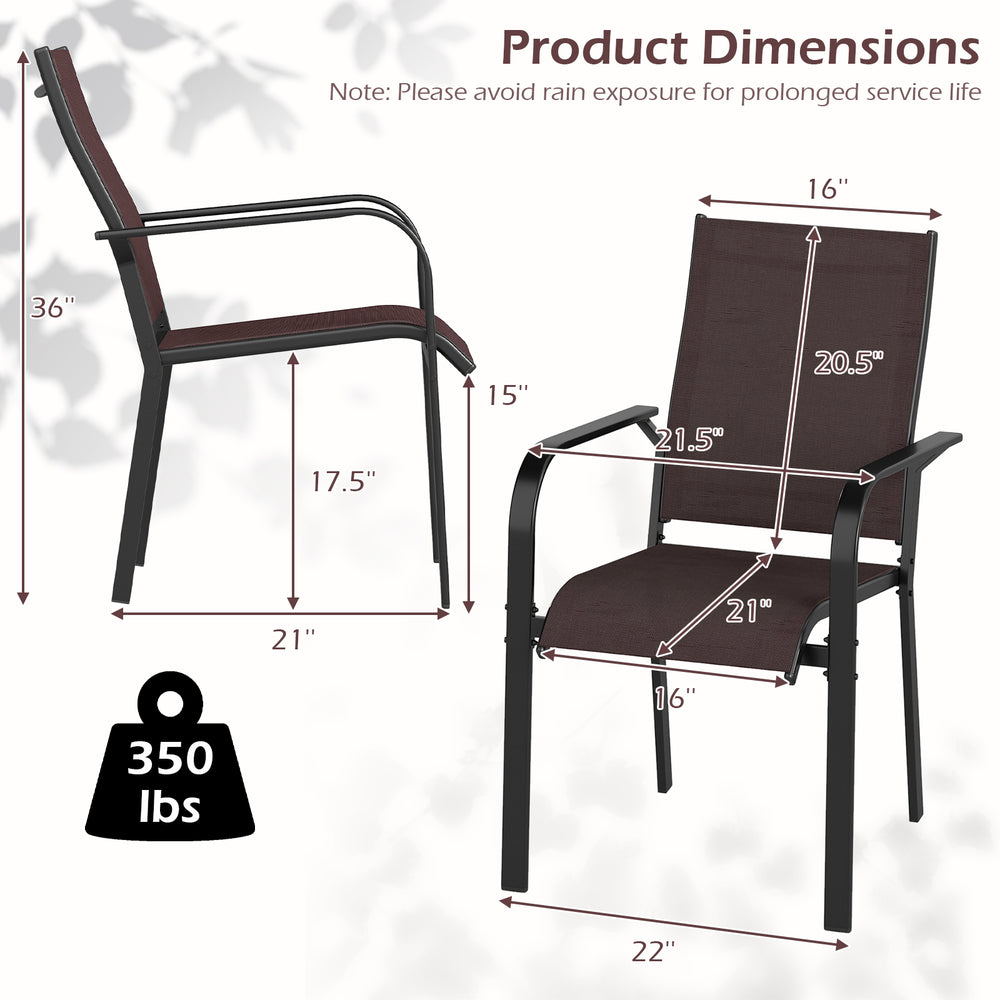 Stackable outdoor armchair with breathable mesh fabric, supportive armrests, and a weight capacity of 350 lbs for patio.