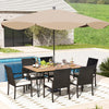 7-piece patio dining set featuring an acacia wood table and PE rattan chairs, perfect for outdoor dining by the.