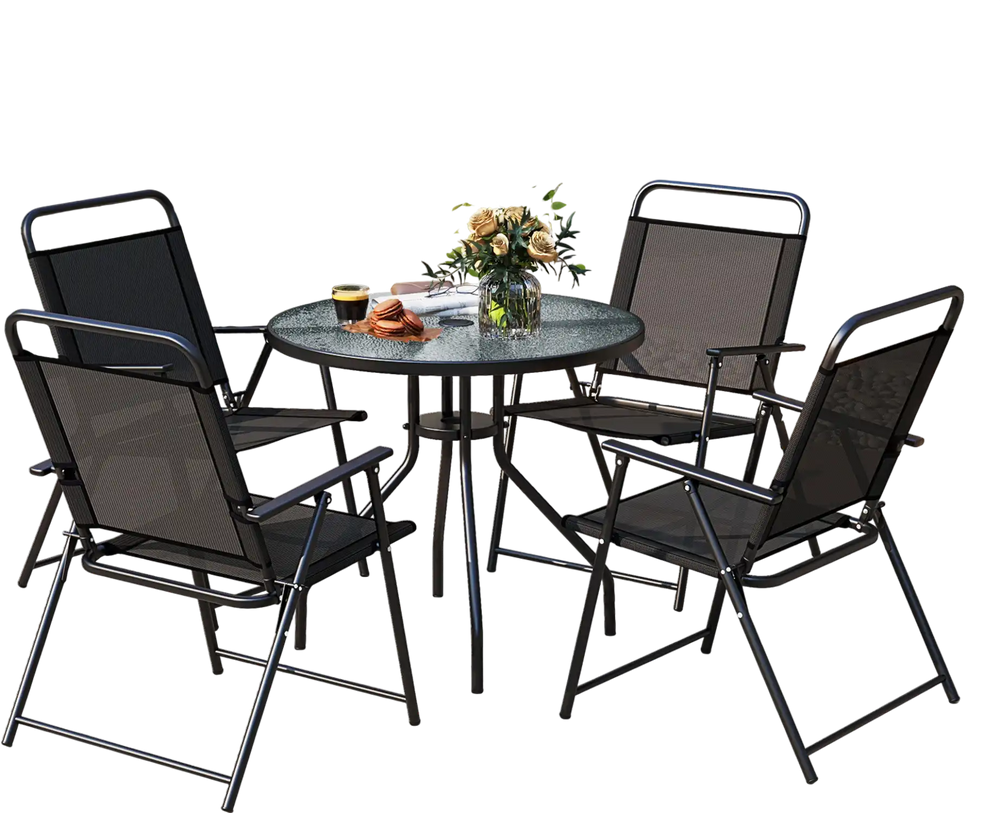 Patio dining set featuring four folding chairs and a glass table, perfect for outdoor relaxation in gray.