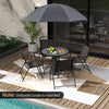 6-piece gray patio dining set featuring a glass table, folding chairs, and a 71" tilt umbrella for outdoor relaxation.