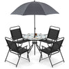 6-piece patio dining set with gray folding chairs, tempered glass table, and 71" tilt umbrella for outdoor relaxation.