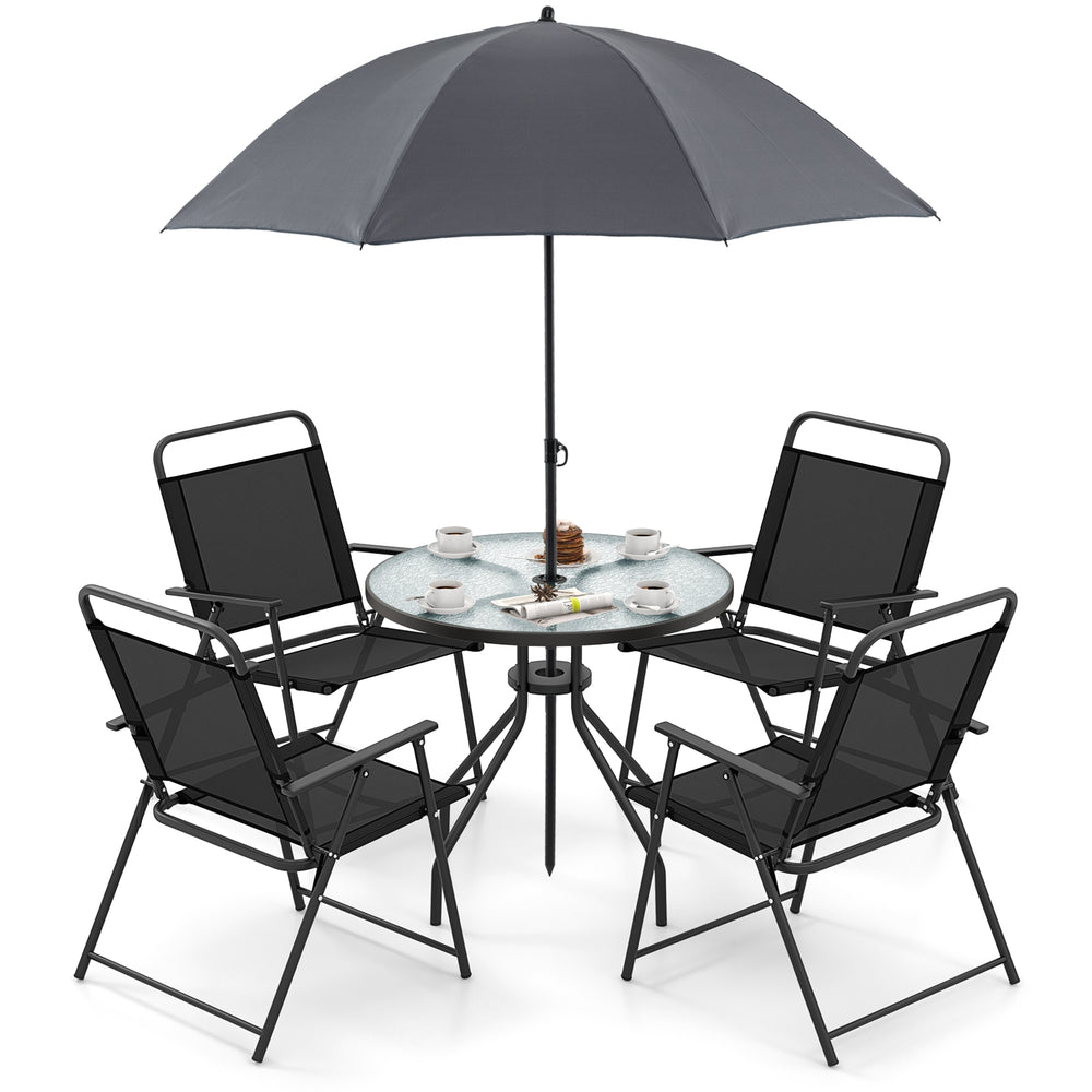 6-piece patio dining set with gray folding chairs, tempered glass table, and 71" tilt umbrella for outdoor relaxation.