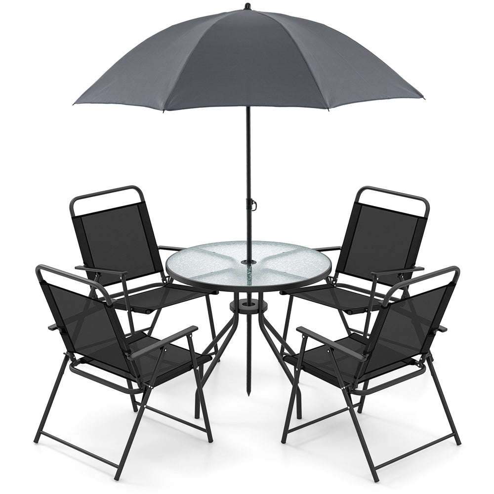Patio dining set featuring a glass table, four folding chairs, and a 71" tilt umbrella for outdoor relaxation.