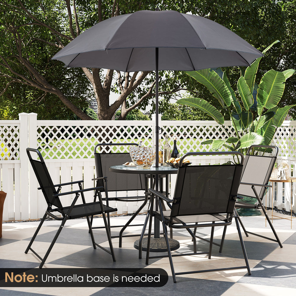 6-piece gray patio dining set featuring folding chairs, a glass table, and a 71" tilt umbrella for outdoor relaxation.