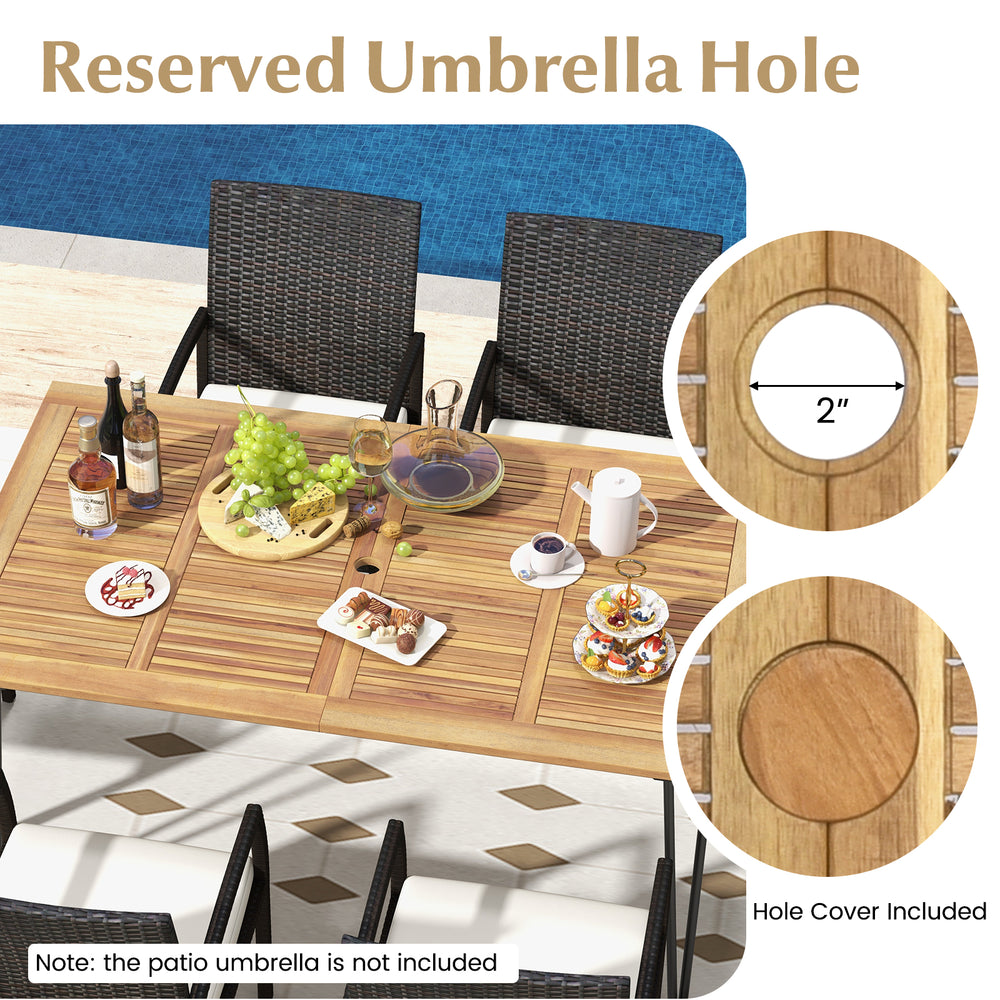 Close-up of the reserved umbrella hole in the acacia wood tabletop of a 7-piece patio dining set for outdoor use.