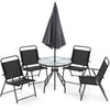 6-piece patio dining set featuring a glass table, 4 folding chairs, and a 71" tilt umbrella for outdoor relaxation.