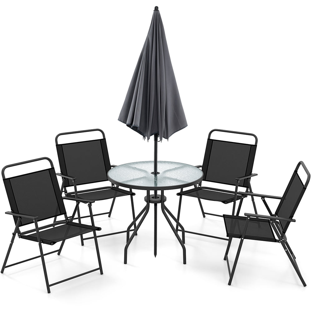 6-piece patio dining set featuring a glass table, 4 folding chairs, and a 71" tilt umbrella for outdoor relaxation.