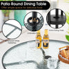 Round patio dining table with tempered glass, featuring an umbrella hole and extra fixing hole for outdoor use.