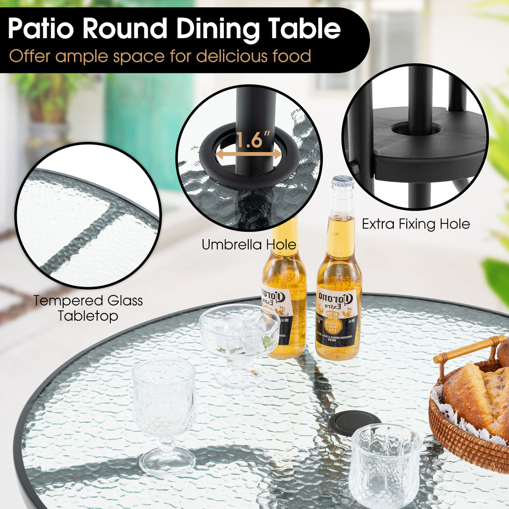Round patio dining table with tempered glass, featuring an umbrella hole and extra fixing hole for outdoor use.