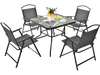 5-piece gray patio dining set for 4 with folding chairs and tempered glass tabletop, ideal for backyard or poolside use.