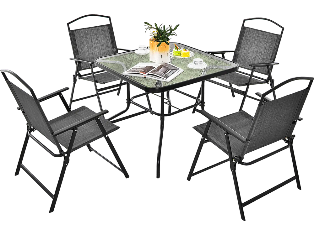 5-piece gray patio dining set for 4 with folding chairs and tempered glass tabletop, ideal for backyard or poolside use.