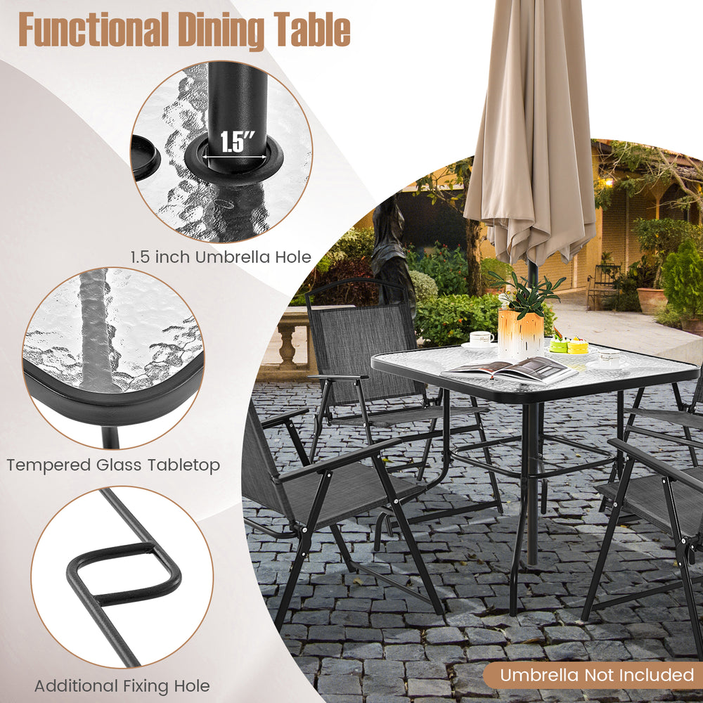 Patio dining table with 1.5" umbrella hole, tempered glass top, and heavy-duty metal frame for outdoor gatherings.