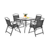 5-piece gray patio dining set for 4 with folding chairs and tempered glass tabletop, ideal for backyard or garden use.