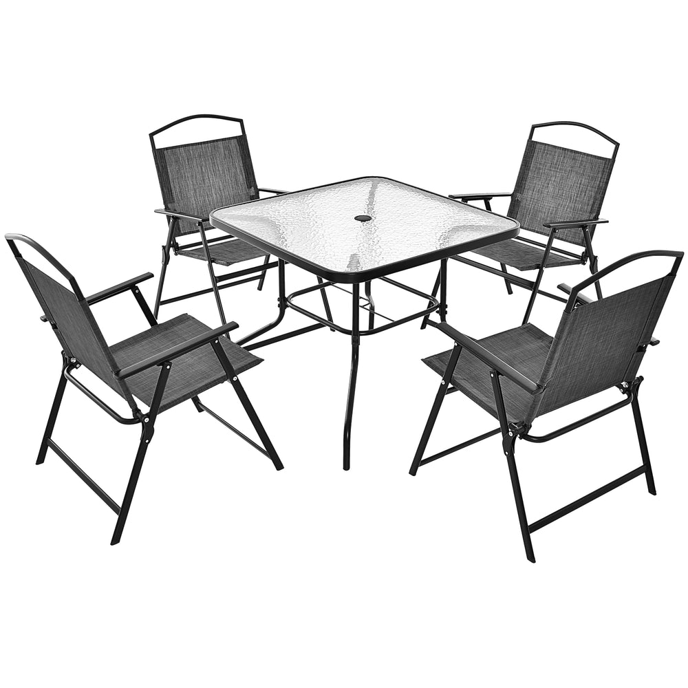 5-piece gray patio dining set for 4 with tempered glass tabletop and folding chairs, ideal for backyard or poolside use.