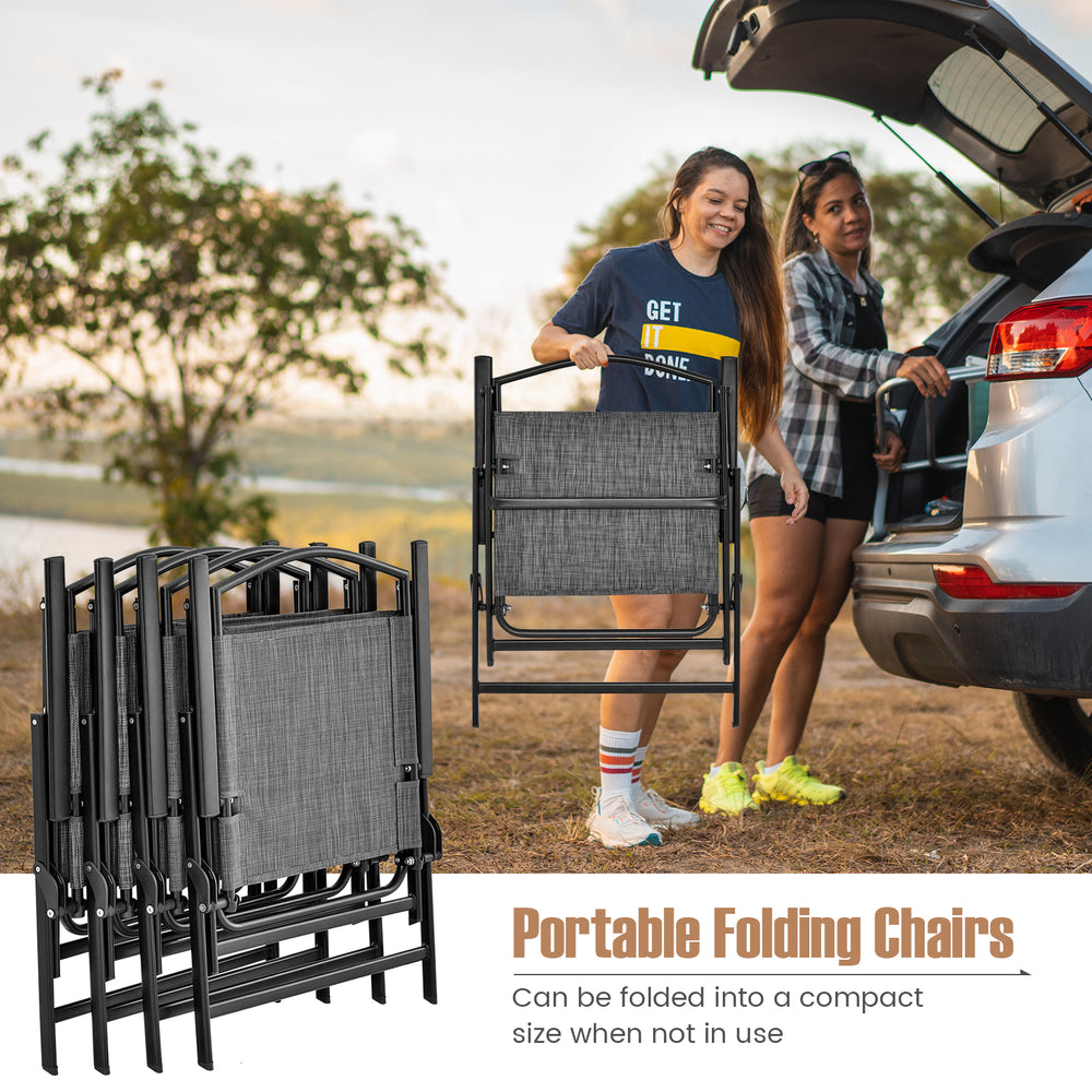Folding patio dining chairs in gray, featuring breathable fabric and a sturdy metal frame, ideal for outdoor gatherings.