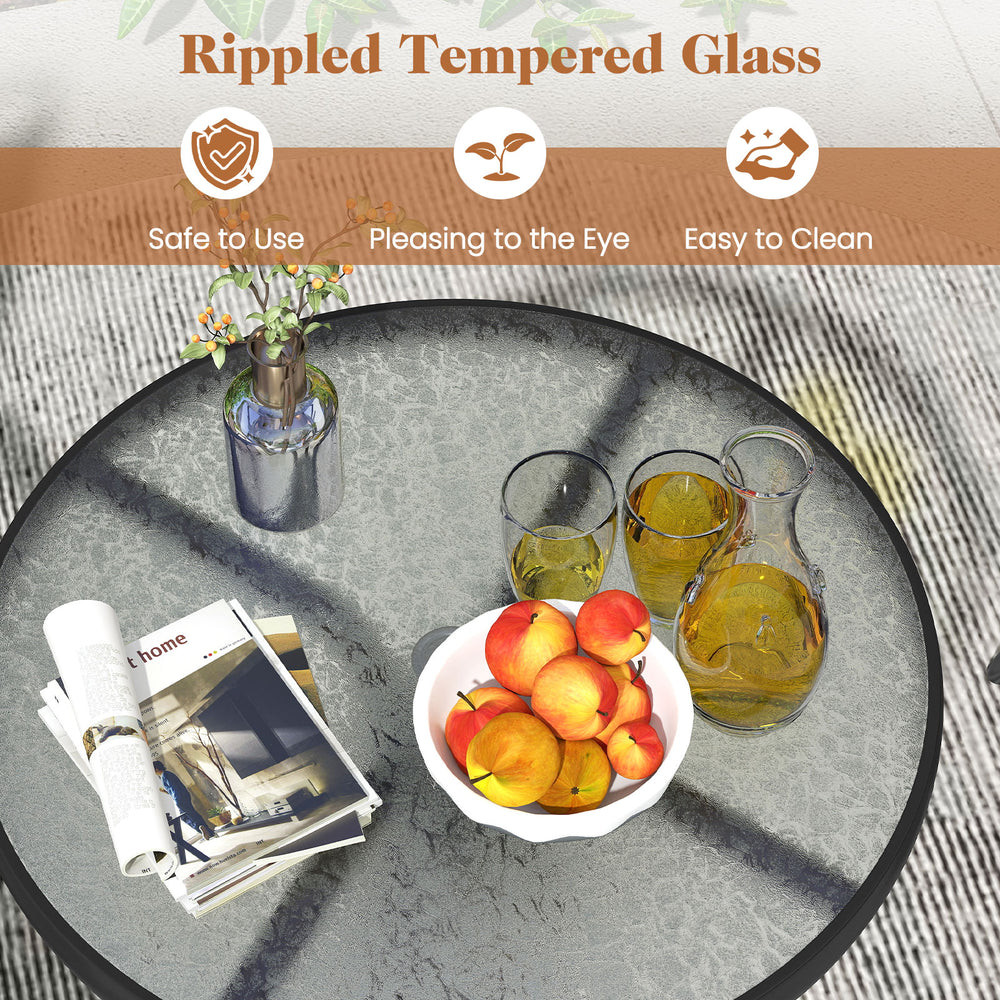 Round dining table with rippled tempered glass, part of a 3-piece outdoor bistro set, ideal for patios and balconies.
