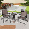 Outdoor bistro dining set featuring two folding chairs and a round table with a 1.57-inch umbrella hole for patios.
