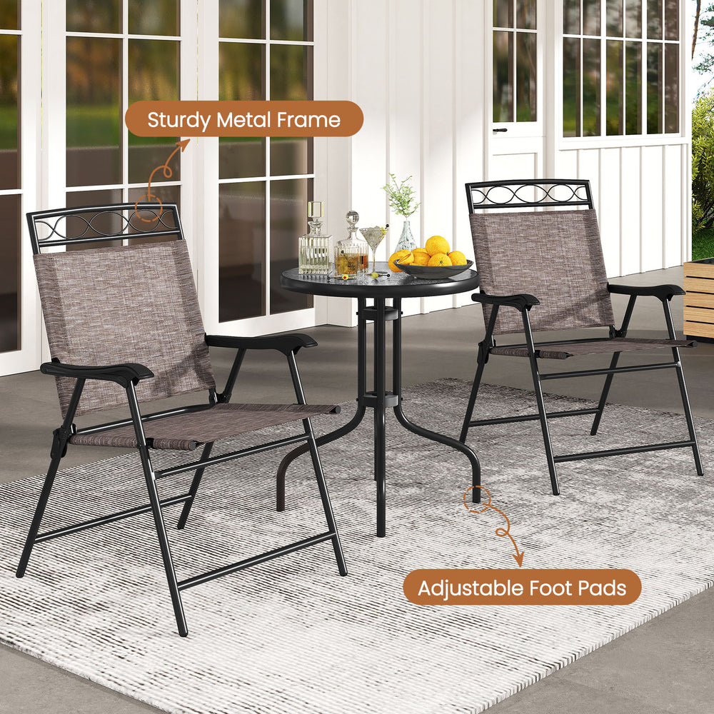 Two folding patio chairs with a sturdy metal frame and a round table, perfect for outdoor dining with an umbrella hole.