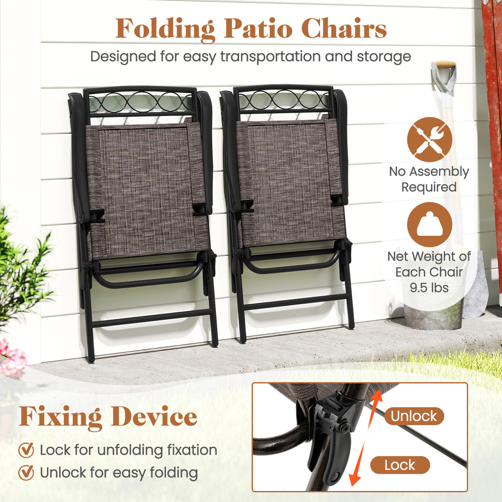 Folding patio chairs with breathable fabric, sturdy metal frame, and easy storage, perfect for outdoor dining.