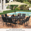 Patio dining table for 8 with a 60" x 60" black tabletop and umbrella hole, perfect for outdoor dining spaces.