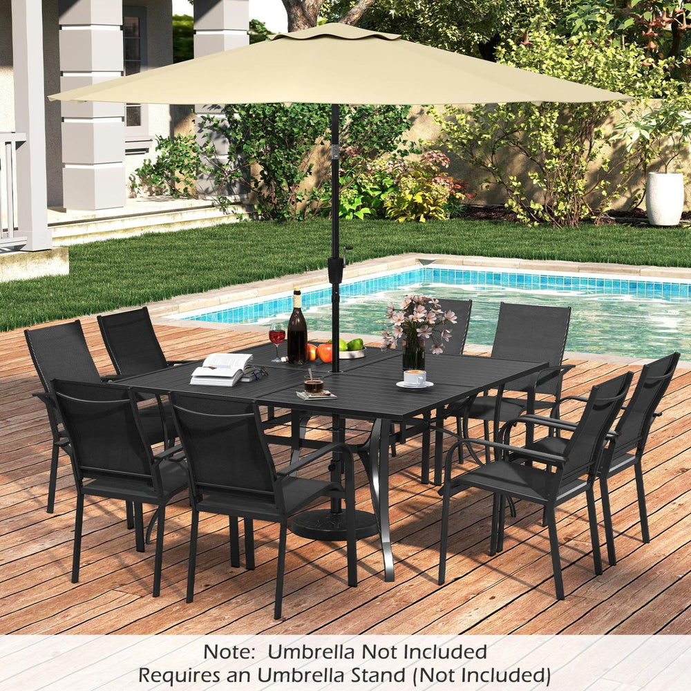 Patio dining table for 8 with a 60" x 60" black tabletop and umbrella hole, perfect for outdoor dining spaces.