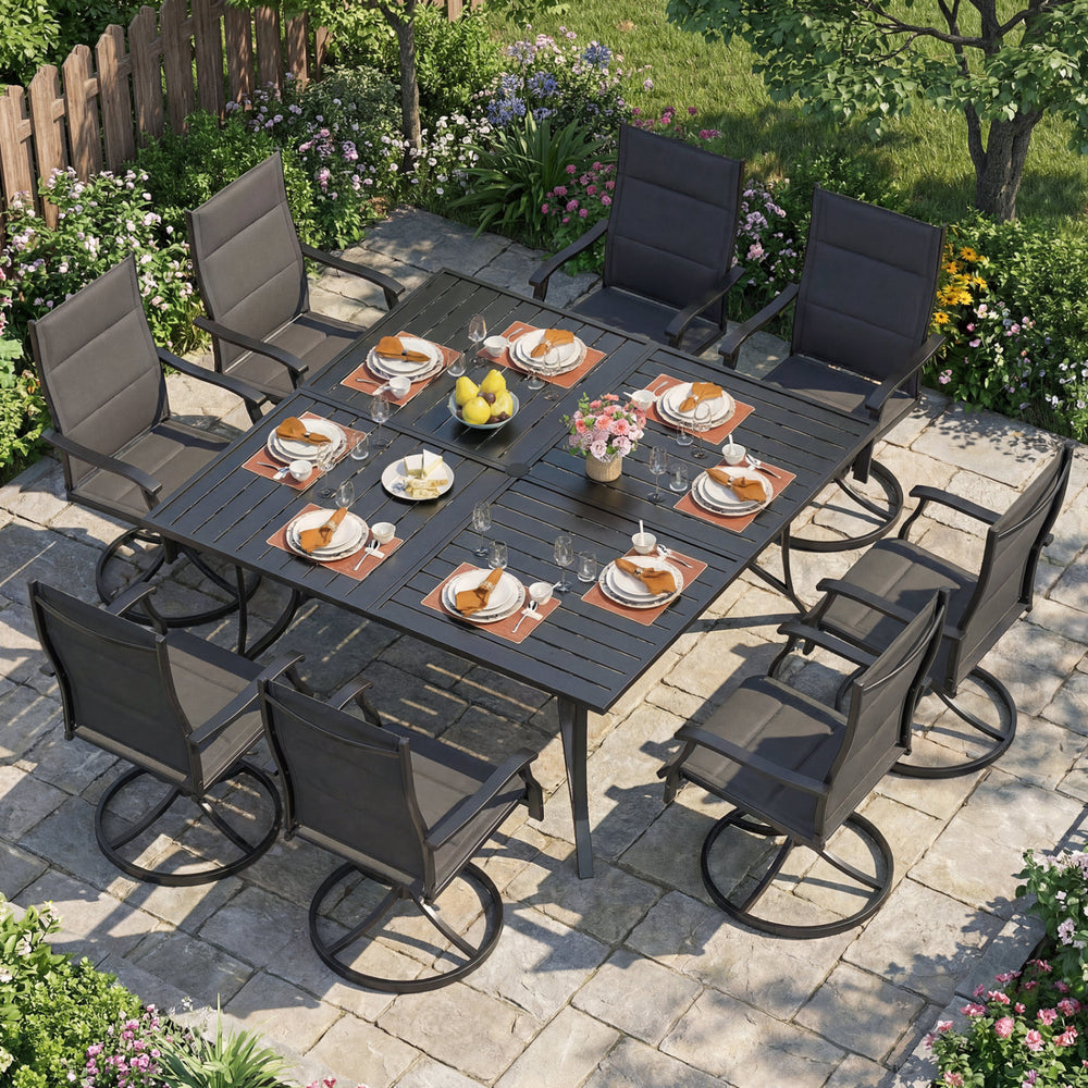 Spacious black patio dining table for 8 with umbrella hole, perfect for outdoor dining on porches and lawns.
