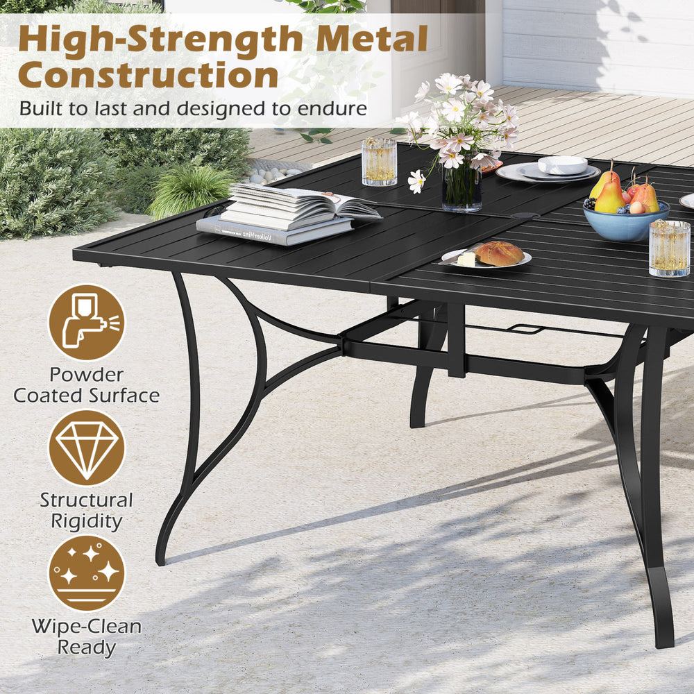 Patio dining table for 8 in black with a 60" x 60" surface, featuring an umbrella hole for outdoor dining.