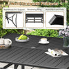 Patio dining table with a 60" x 60" black tabletop, umbrella hole, and reinforced arc support for outdoor dining.