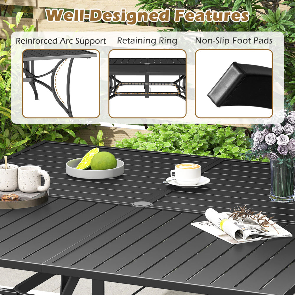 Patio dining table with a 60" x 60" black tabletop, umbrella hole, and reinforced arc support for outdoor dining.
