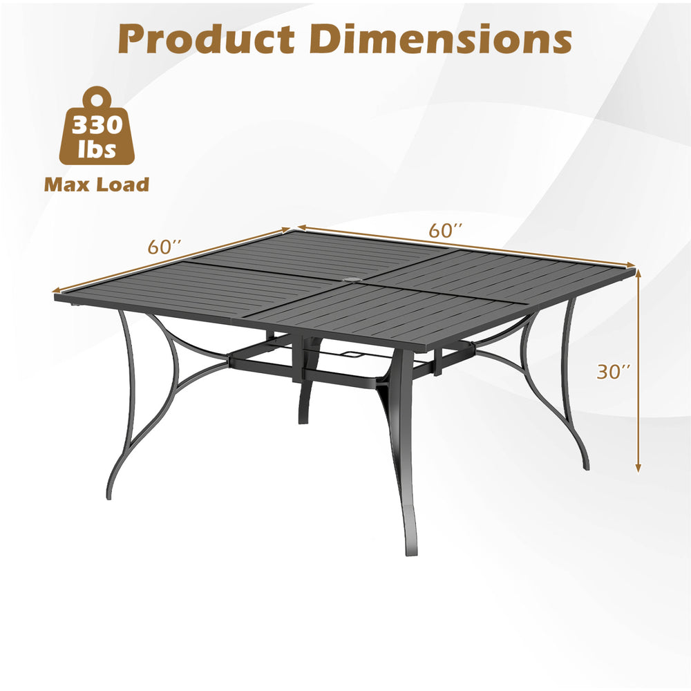 Square patio dining table with 60" x 60" surface, umbrella hole, and heavy-duty metal frame for outdoor dining.