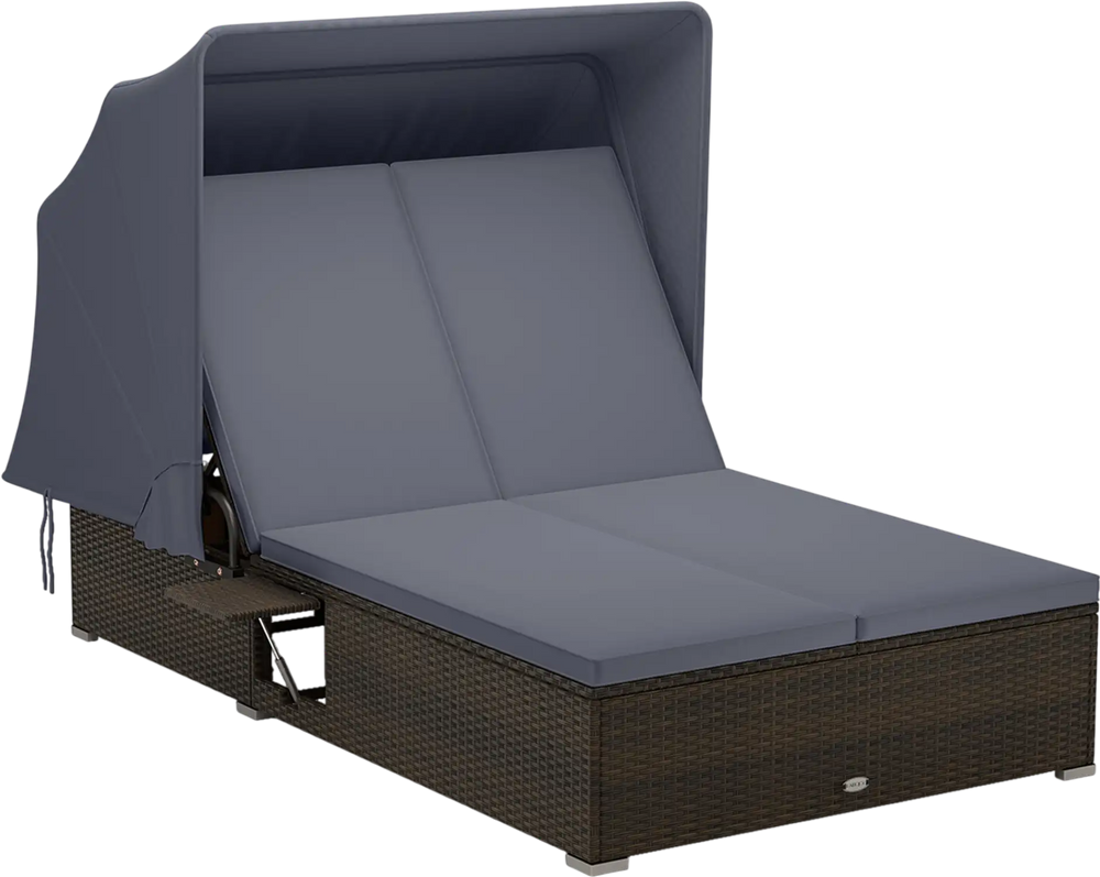 Patio double chaise lounge with gray cushions, retractable canopy, and folding side trays for backyard relaxation.