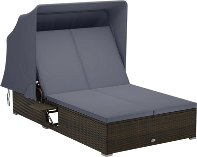 Costway Patio Double Chaise Lounge w/ Shade Cushions Folding Side Trays 62175384 New